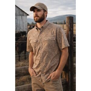 Mens SS Snap Front Shirt Brown Palm Leaf Organic Cotton Blend Hiking Shirt Large